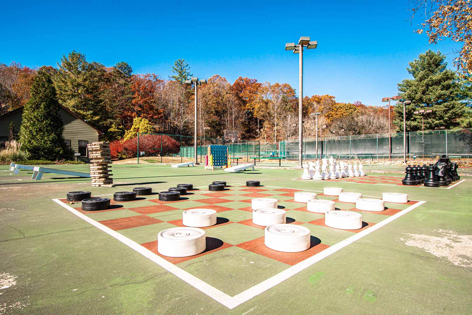 A large outdoor chess table at VRI's Mountain Loft Resort in North Carolina.